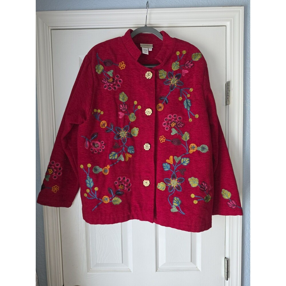 Coldwater Creek Embroidered Jacket Women Large Vibrant Red Floral Button Front